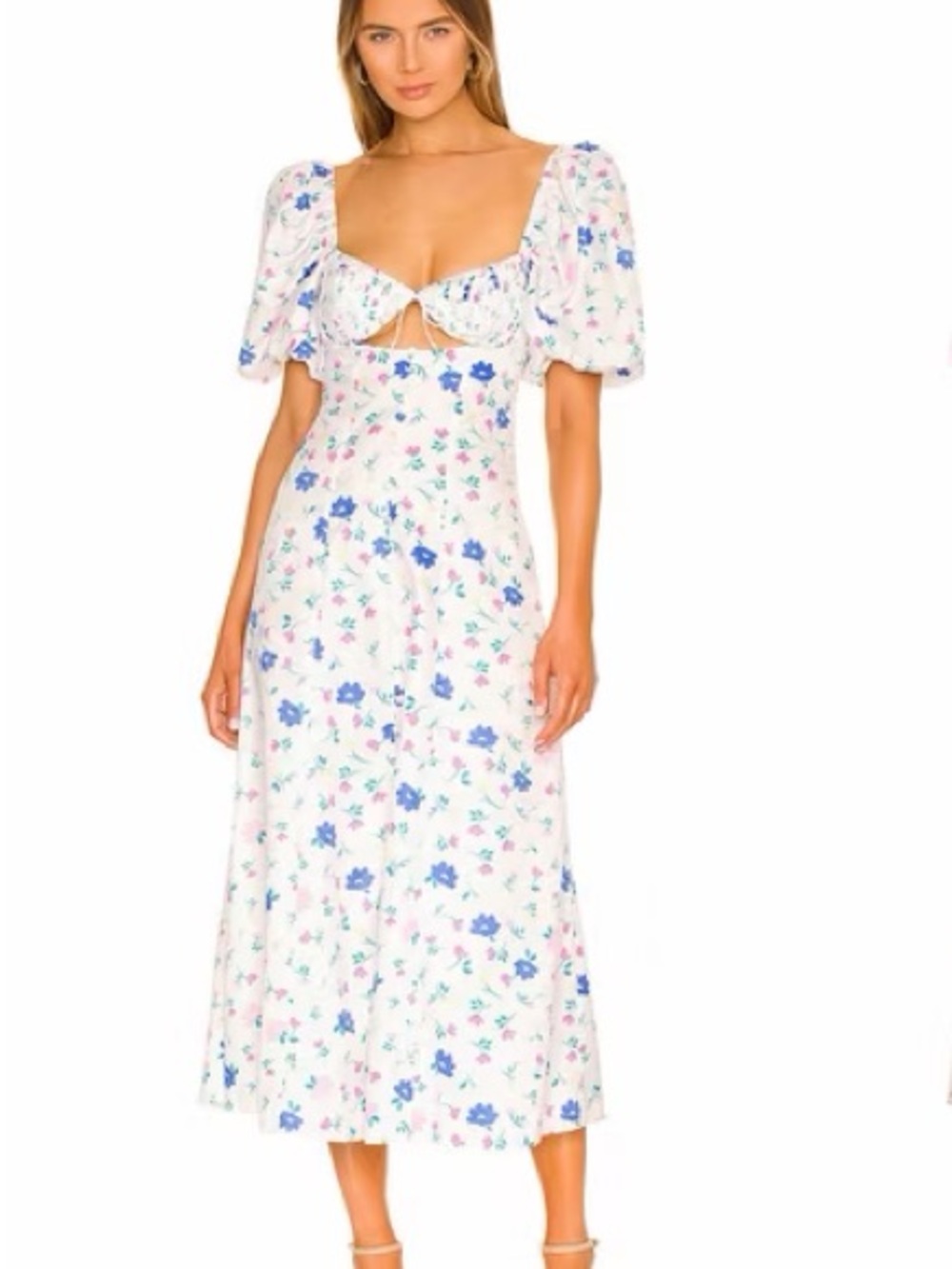 For Love & Lemons White Floral Midi Dress with Blue and Pink Blossoms